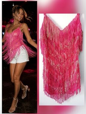 LUXXEL Pink Sequin Fringe Mini Dress DANCE Club PARTY Vegas TOP Women's Size M L